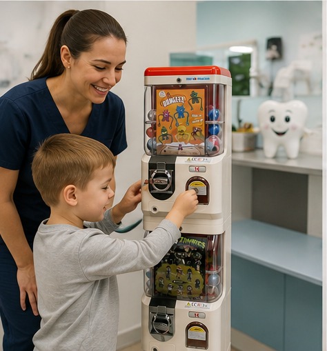 Kind wirft mit Hilfe einer Zahnarzthelferin eine Münze in den Automaten
