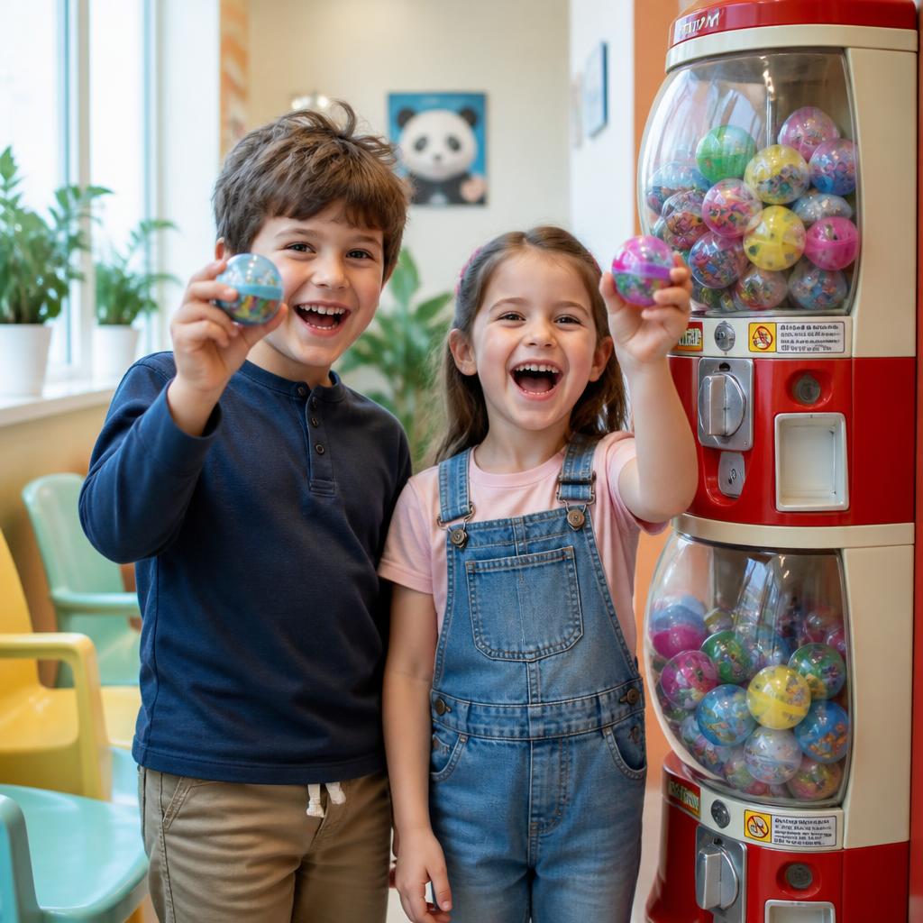 Zwei lachende Kinder halten bunte Spielzeugkapseln hoch