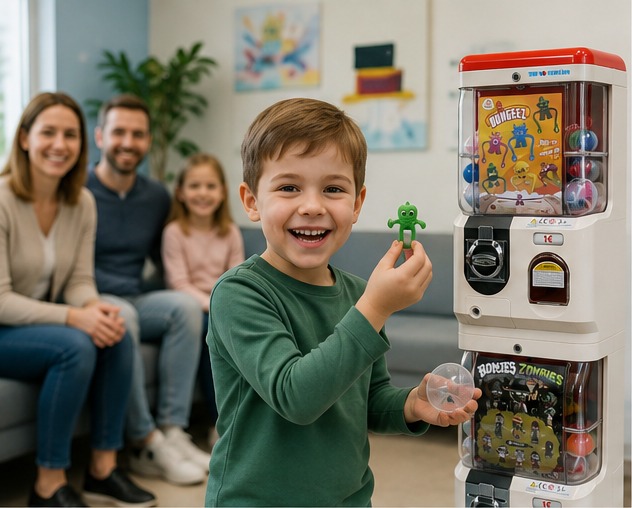 Lachender Junge zeigt stolz seine grüne Kapsel-Figur, Familie im Hintergrund