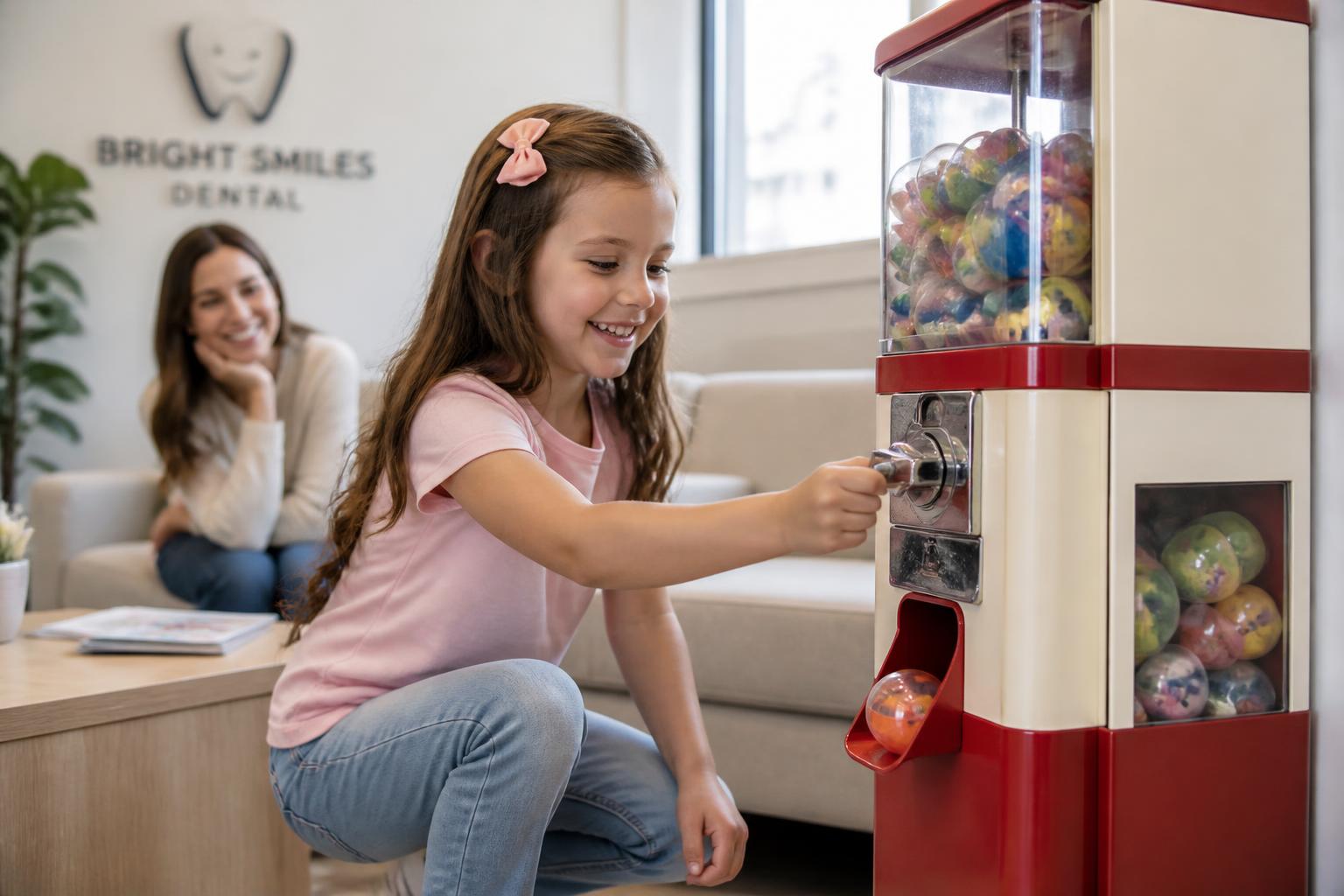 Mädchen dreht im Wartezimmer am Spielzeugautomaten und bekommt eine Kapsel