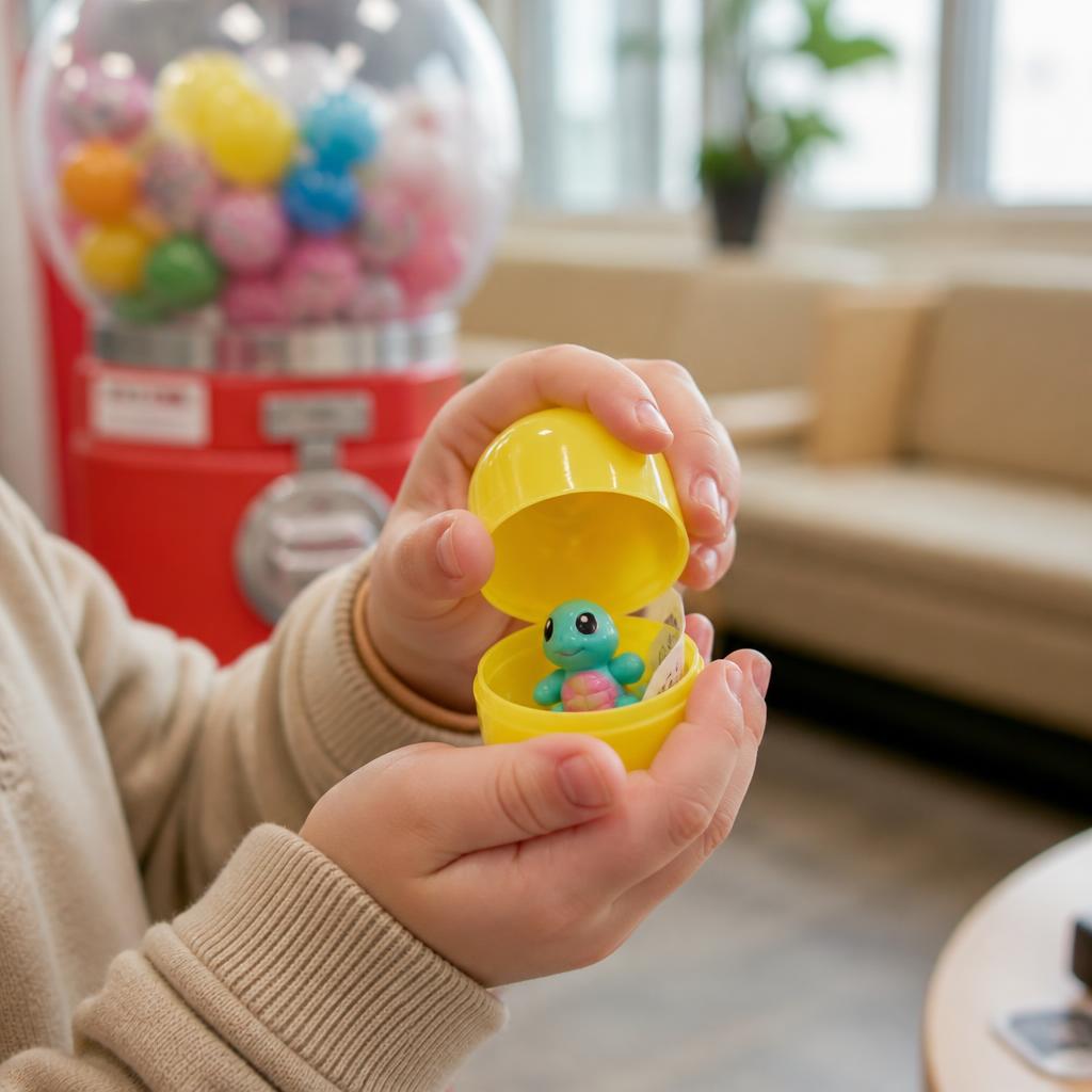 Kinderhände öffnen eine gelbe Spielzeugkapsel